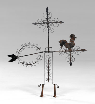 Appraisal: Wrought iron weathervane rotating central rooster with directionals scrolled elements