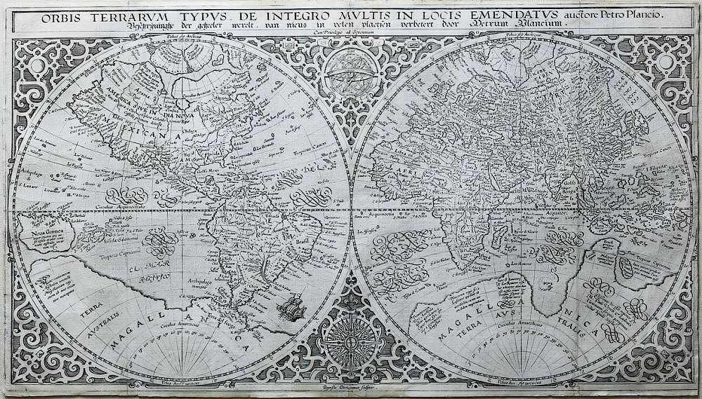 Appraisal: Engraved Map of the World by Plancius Orbis Terrarum Typus