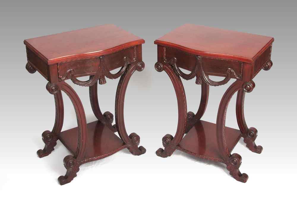 Appraisal: PAIR CARVED MAHOGANY SIDE TABLES Single drawer with carved swag