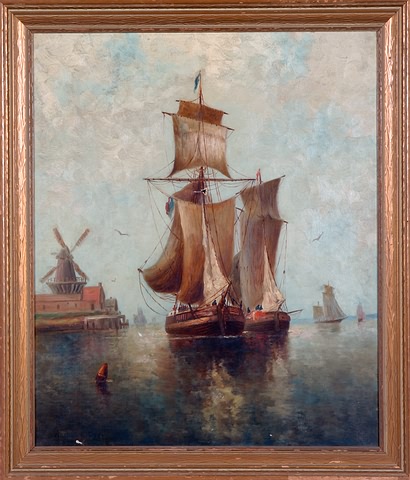 Appraisal: Seascape with ships and windmill oil on canvas x oil