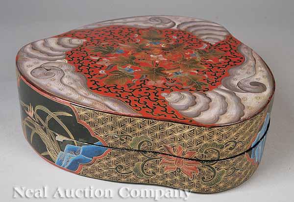 Appraisal: A Japanese Lacquer Box possibly Okinawan lobed triangular form diameter