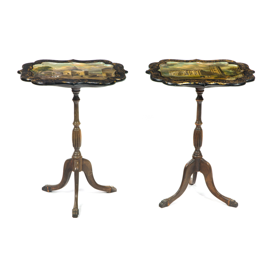 Appraisal: A PAIR OF VICTORIAN POLYCHROME DECORATED TRIPOD OCCASIONAL TABLES A