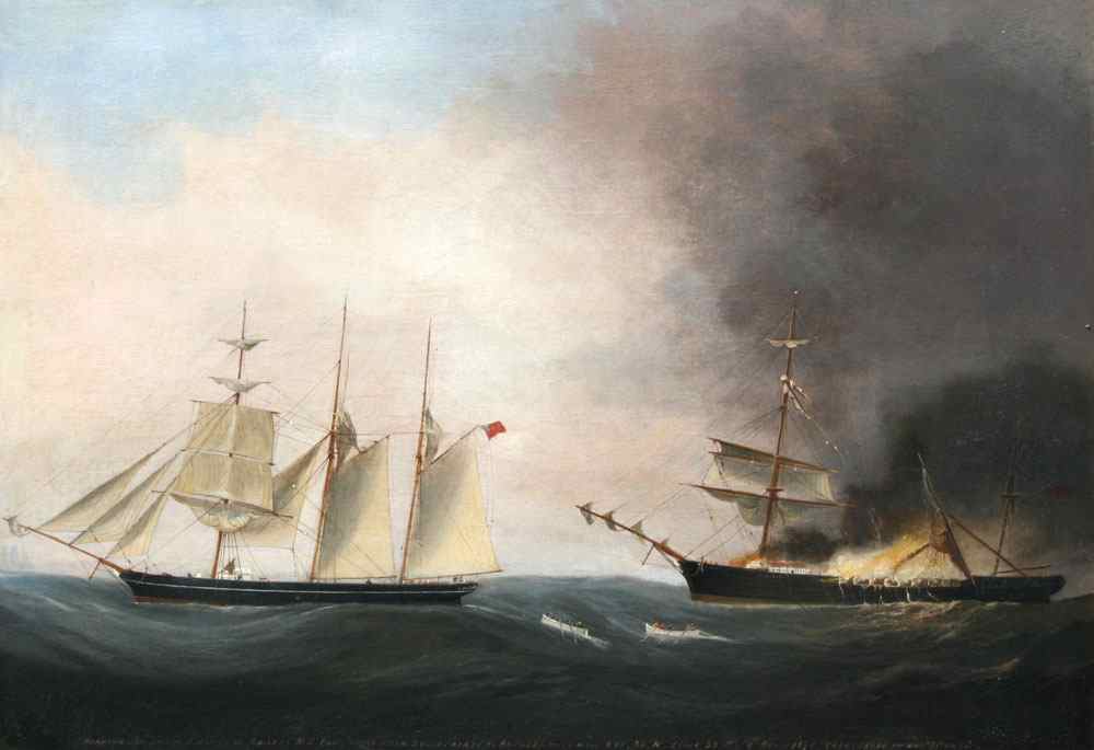 Appraisal: th C MARITIME SHIP FIRE PAINTING Oil Canvas '' x