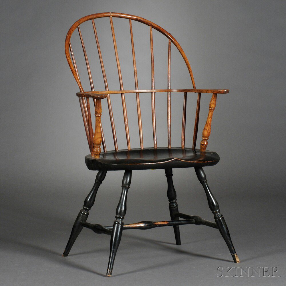 Appraisal: Black-painted Bow-back Windsor Armchair New England late th century with