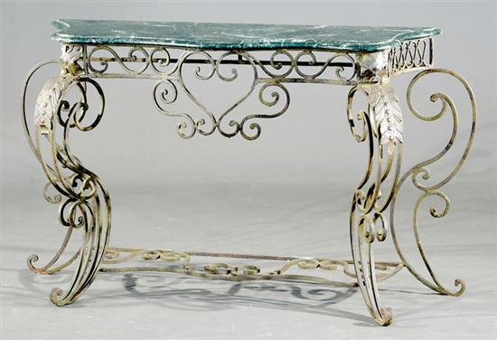 Appraisal: Marbletop and wrought-iron console table serpentine green marble top over