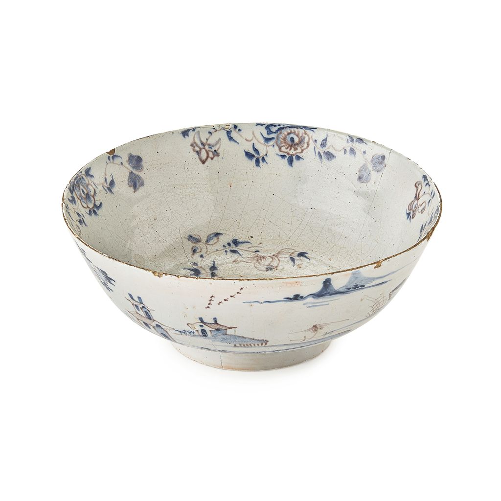 Appraisal: ENGLISH DELFTWARE BLUE WHITE AND MANGANESE PUNCH BOWL TH CENTURY