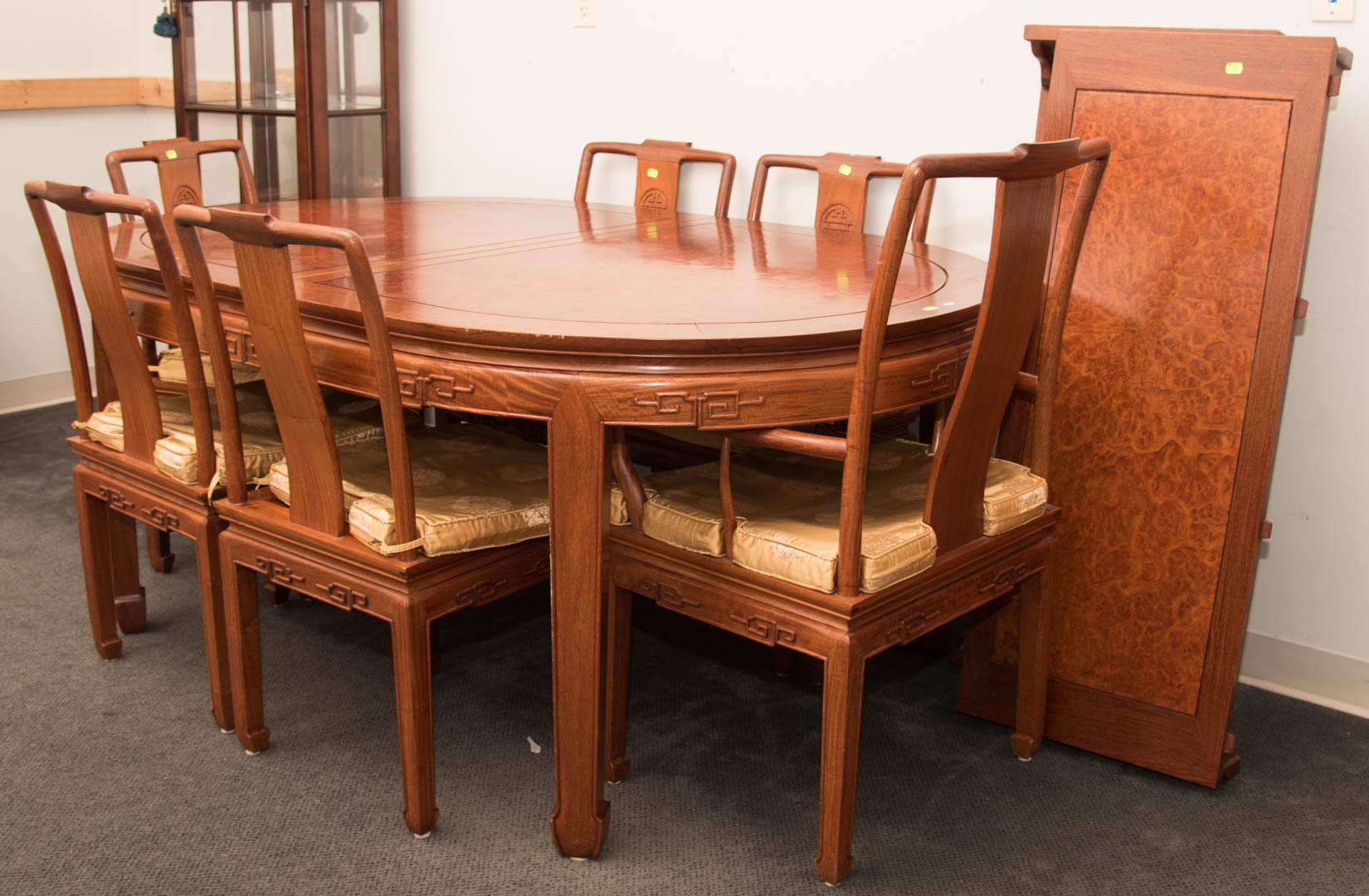 Appraisal: Oriental style table w two leaves six chairs one chair