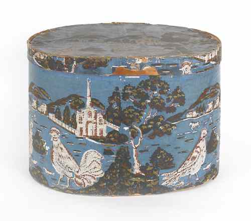 Appraisal: Wallpaper covered wood hat box th c with a farm