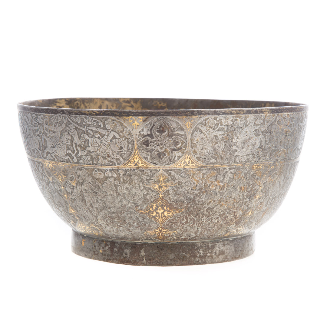 Appraisal: Qajari etched and inlaid steel bowl th c the exterior