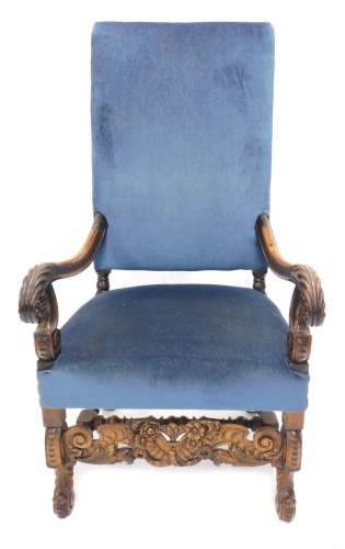 Appraisal: A late thC continental walnut open armchair with a blue