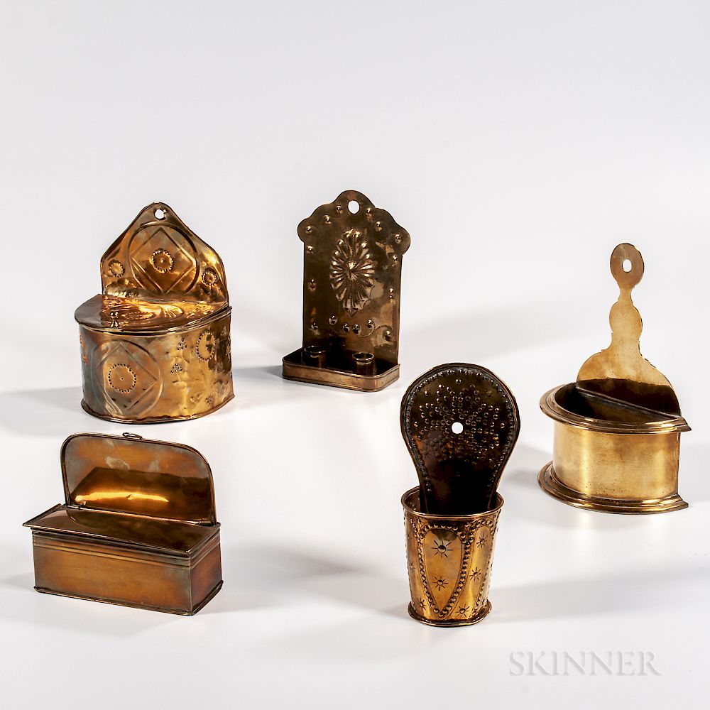 Appraisal: Brass Two-light Candle Sconce and Four Brass Spill Holders Brass