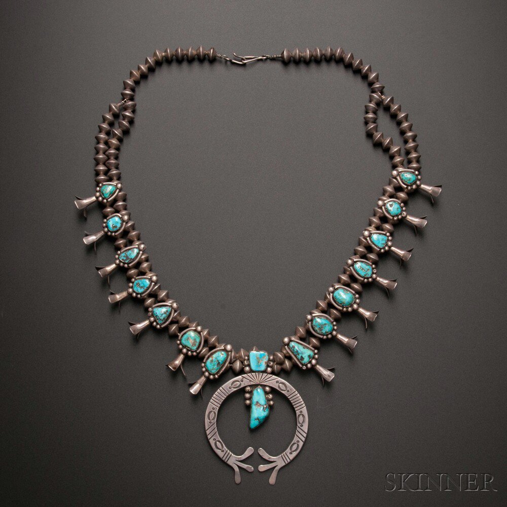 Appraisal: Navajo Silver and Turquoise Squash Blossom Necklace with fourteen blossoms