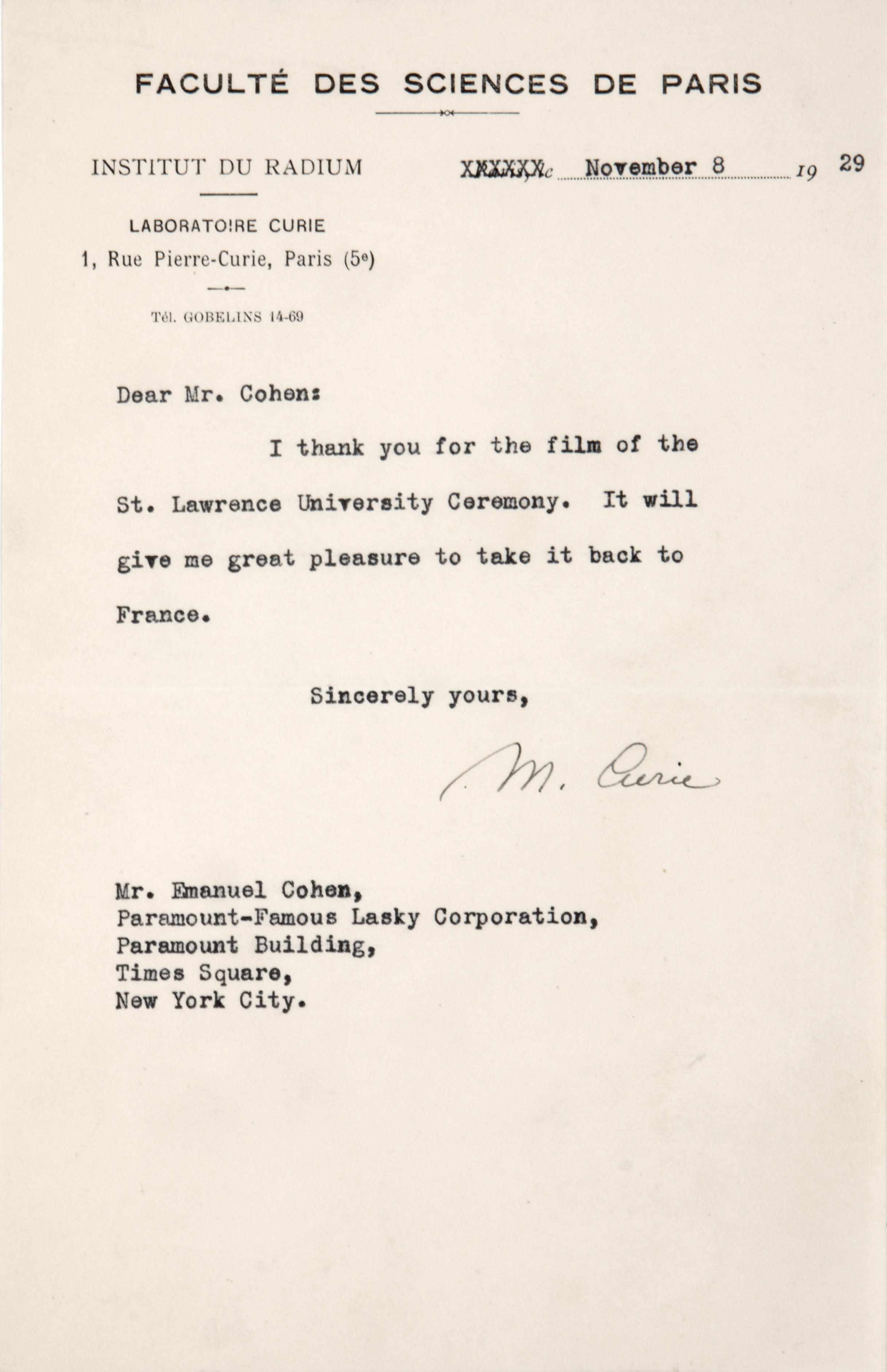 Appraisal: CURIE MARIE - Typed Letter Signed ''M Curie'' p vo