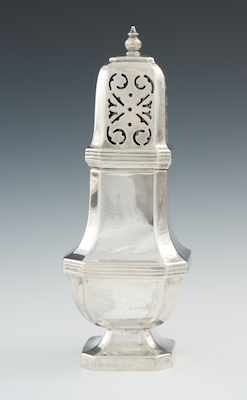 Appraisal: A Silver Sugar Caster Squared baluster form with decorative piercing