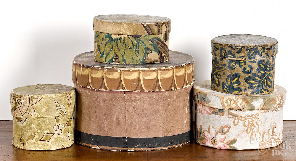 Appraisal: Five small wallpaper dresser boxes Five small wallpaper dresser boxes