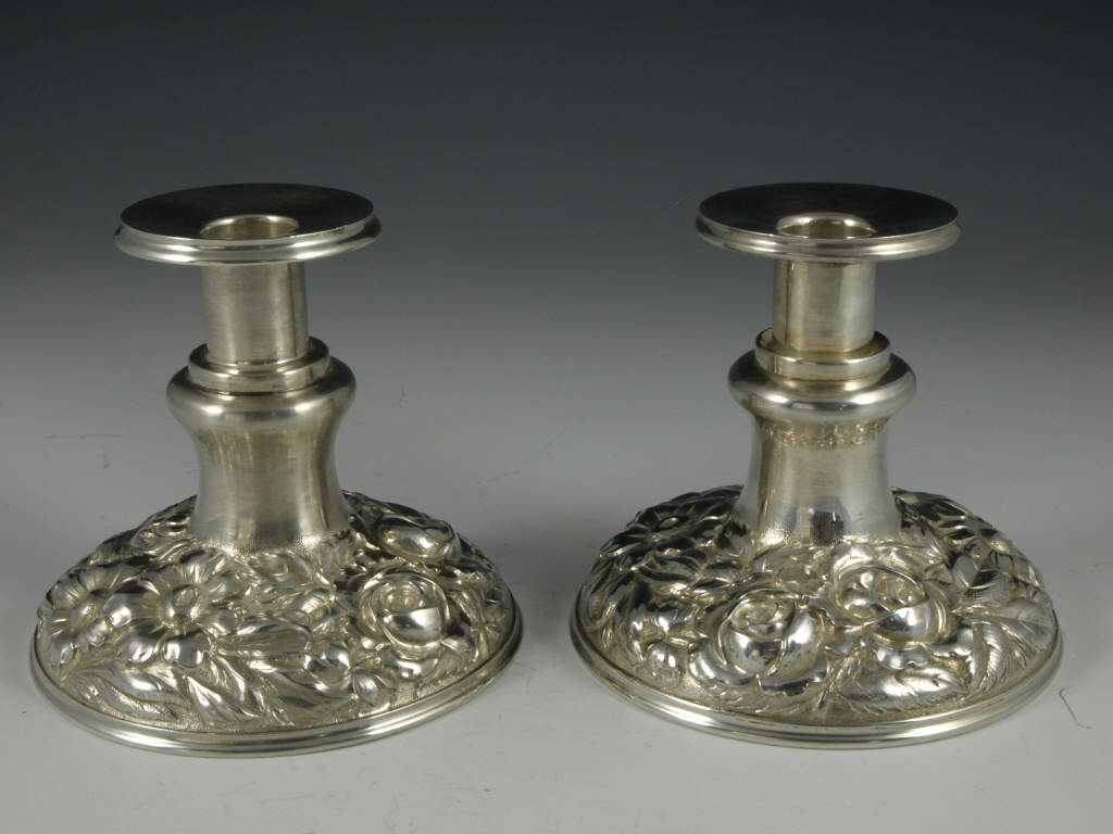 Appraisal: Pair of Sterling Repousse Candlesticks by Stieff sterling silver low