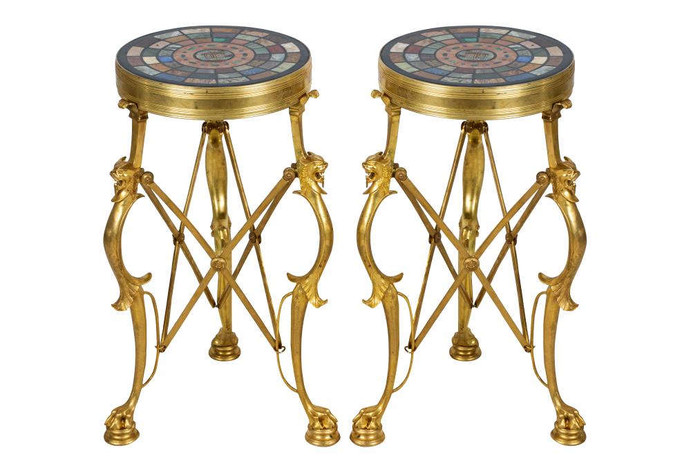 Appraisal: PAIR OF GILT BRONZE ATHENIENNESeach with a round top inlaid