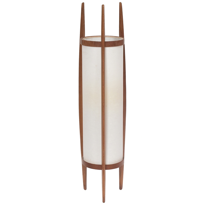 Appraisal: Danish Modern floor lamp mahogany three vertical supports cylinder cloth