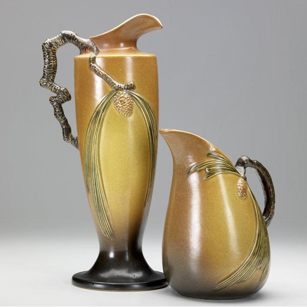 Appraisal: ROSEVILLE Brown Pinecone ewer - and ice lip pitcher -