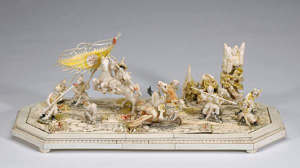 Appraisal: A pieced and tinted ivory scene of warriors in a