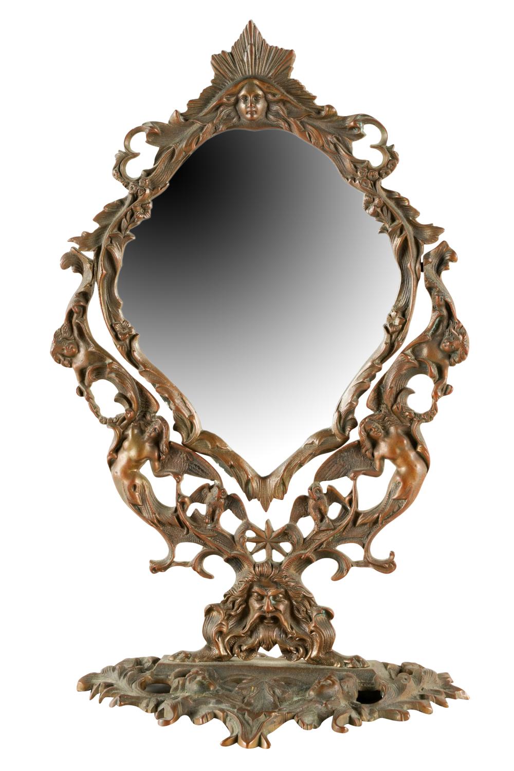 Appraisal: ART NOUVEAU GILT-METAL VANITY MIRRORdecorated with repeating figural motifs and