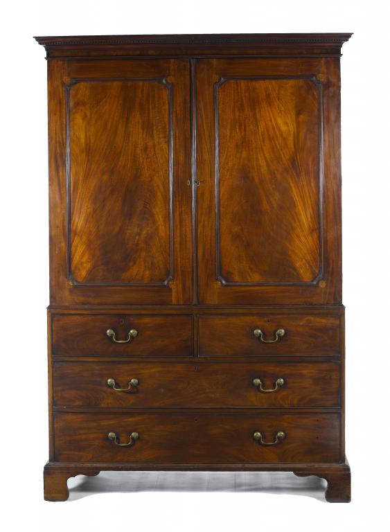 Appraisal: A GEORGE III MAHOGANY LINEN PRESS with dentil cornice and