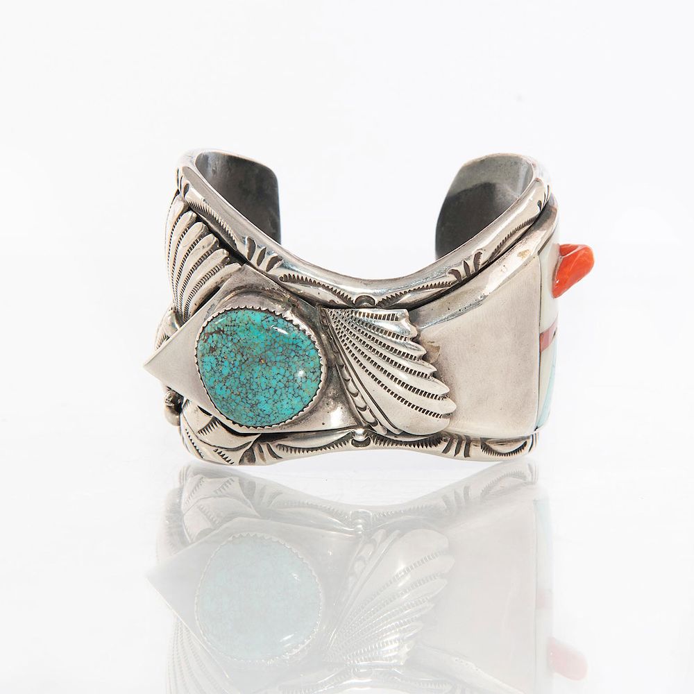 Appraisal: ZUNI INLAYED SILVER CUFF BRACELET Non symmetrical cuff bracelet with