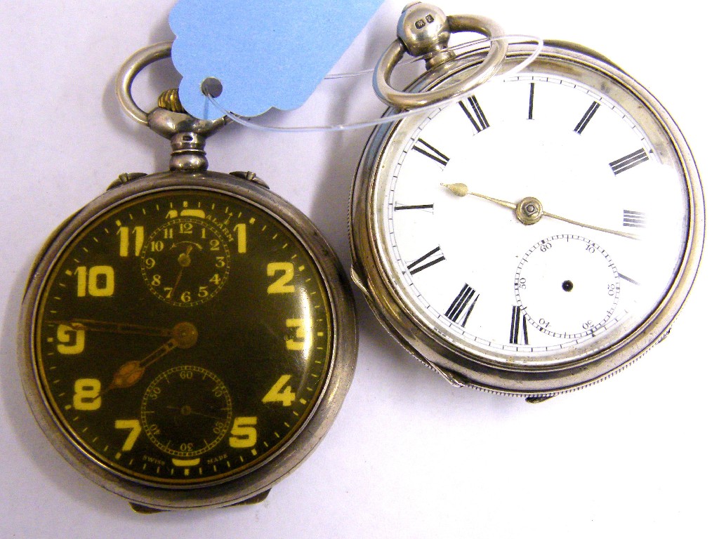 Appraisal: Swiss silver lever alarm pocket watch the black dial beneath