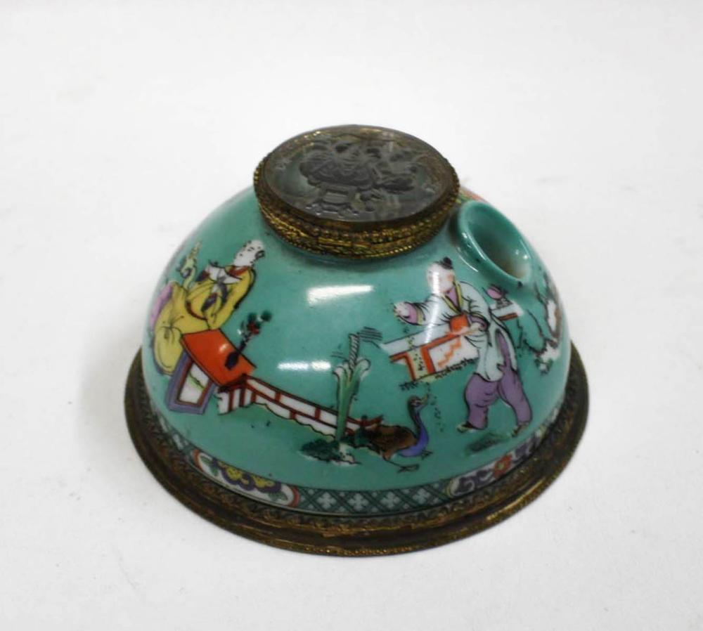 Appraisal: CHINESE EXPORT PORCELAIN INKWELL WITH GILT METAL MOUNTS the hand