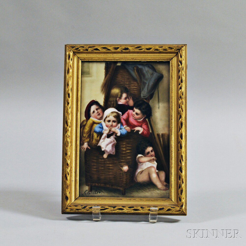 Appraisal: Framed German Hand-painted Porcelain Plaque th th century depicting five