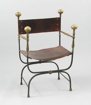 Appraisal: A Brass and Wrought Iron and Leather Italian Chair An