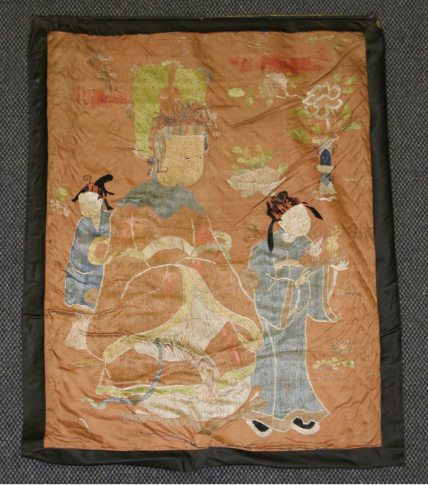 Appraisal: Chinese court scene embroidered figural silk panel x excludes border