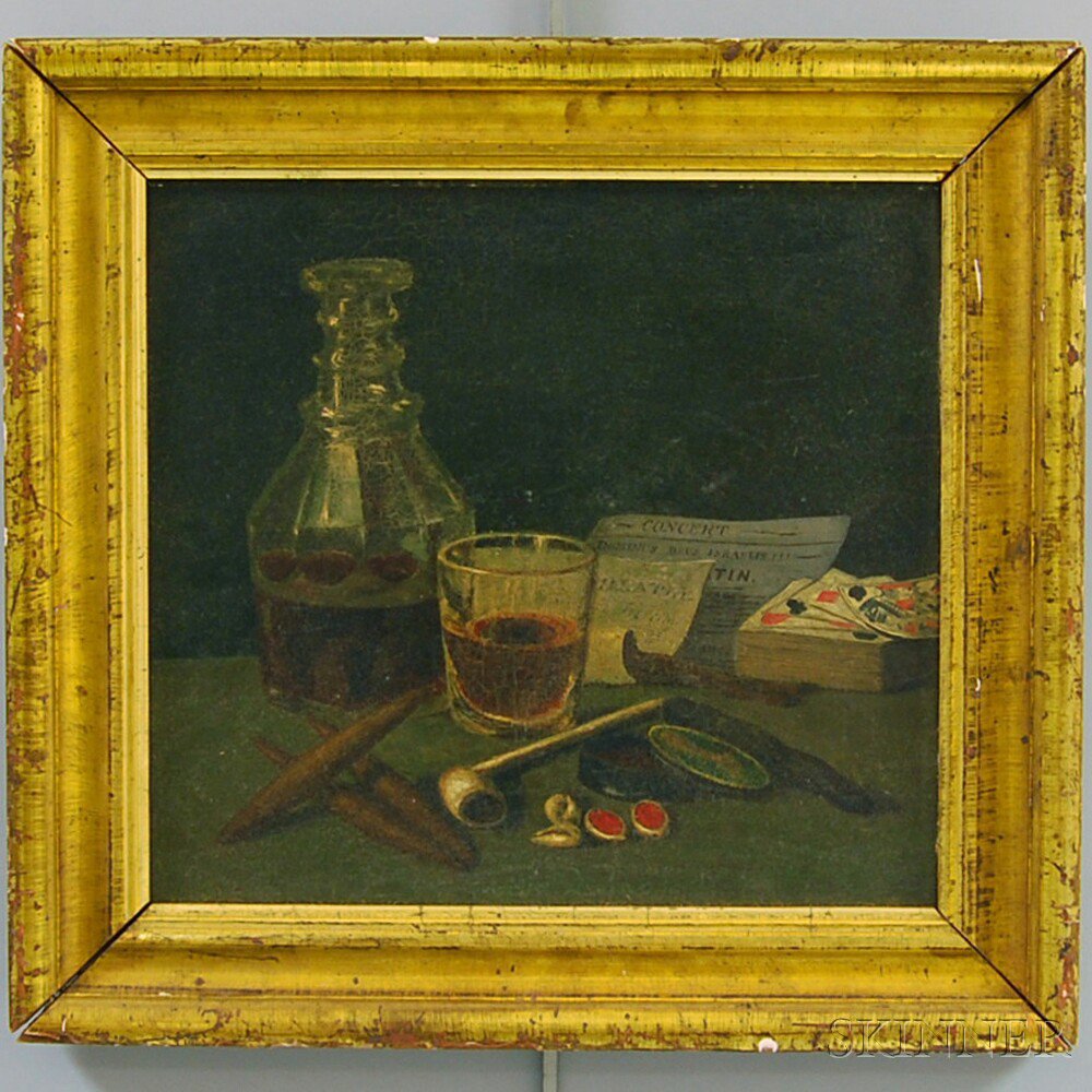 Appraisal: American School th Century Still Life with Liquor Cigars Pipe