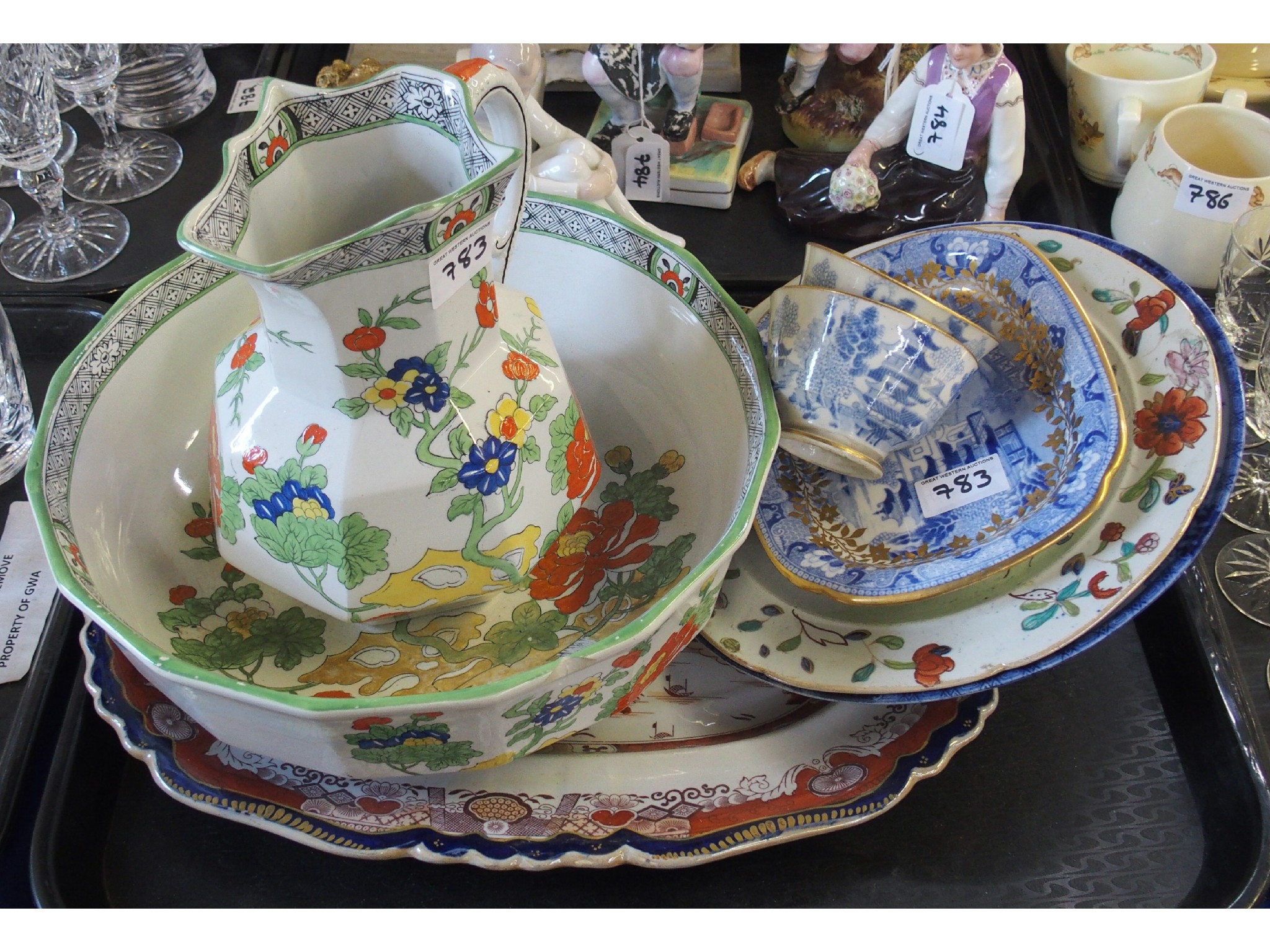 Appraisal: Tray comprising Mason's Ironstone pitcher and basin two blue and