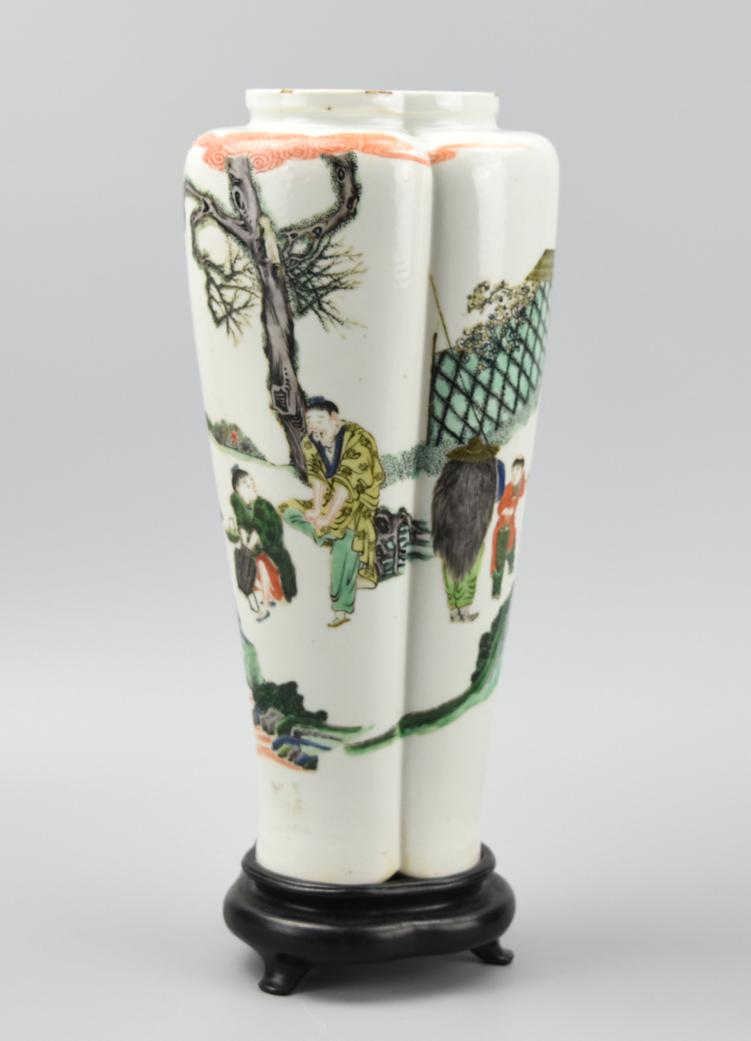 Appraisal: CHINESE LOBED COLUMNAR WUCAI VASE TH C A Chinese porcelain