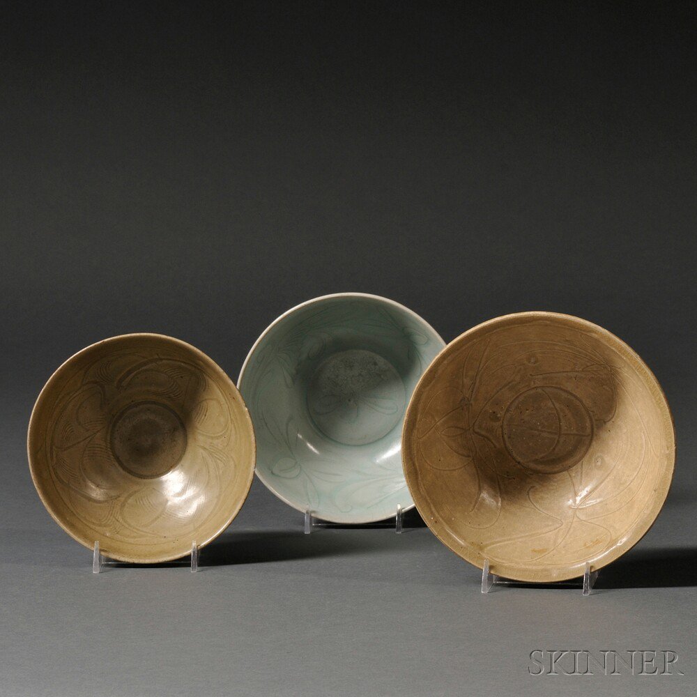 Appraisal: Three Green Glazed Bowls China including one decorated with freestyle