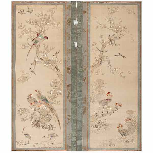 Appraisal: Chinese Embroidered Panels with Birds Chinese th century A pair