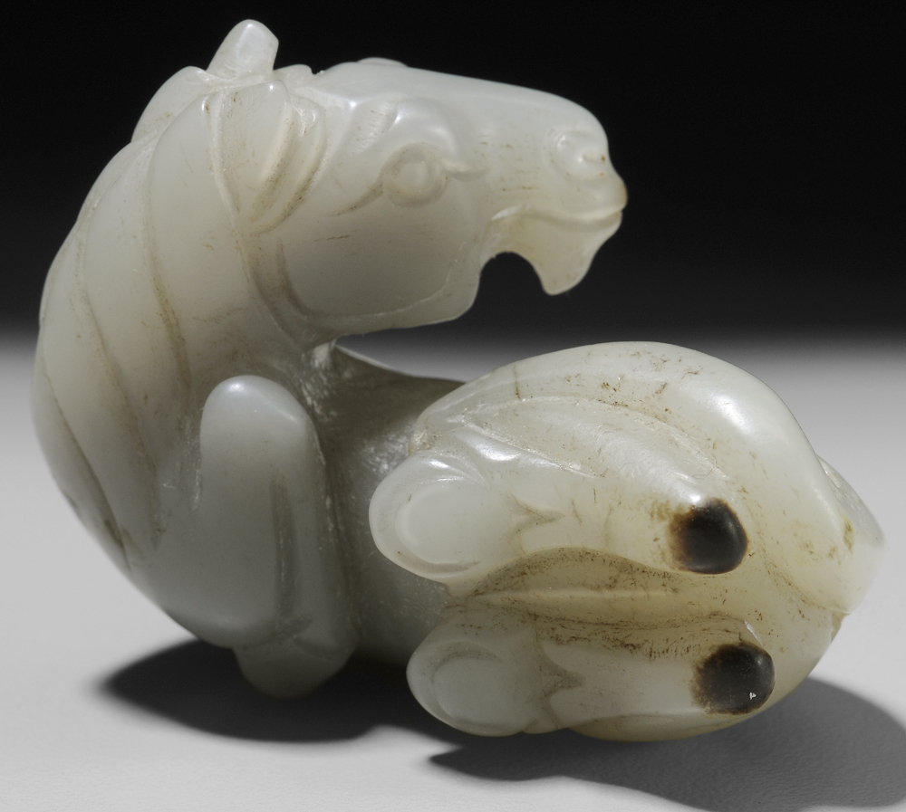 Appraisal: Jade Horse Chinese Yuan-Ming Dynasties grayish-white with dark brown at