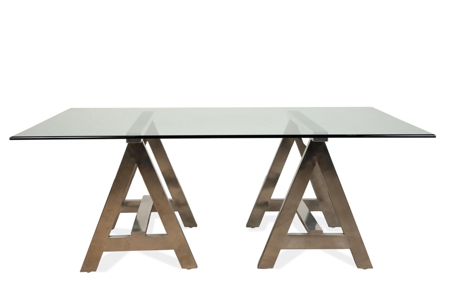 Appraisal: RALPH LAUREN CHROME SAWHORSE GLASS TOP TABLE Modern Ralph Lauren