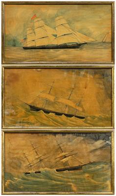 Appraisal: Three American marine watercolors each with three-masted sailing vessel one