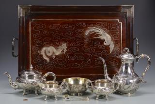 Appraisal: Chinese Export Silver Tea Service and Tray Chinese Export Silver