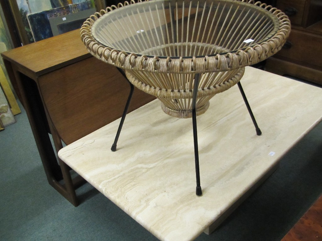 Appraisal: Teak drop leaf table composition coffee table and a wicker