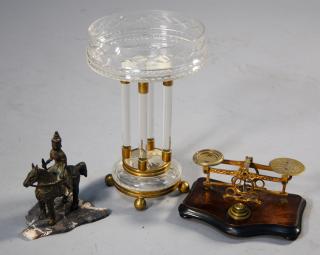 Appraisal: Brass and crystal pedestalled centerpiece th C brass scale and