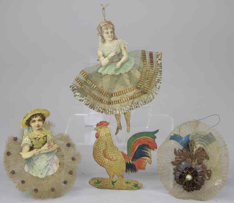 Appraisal: DRESDEN ROOSTER THREE CLOTH ORNAMENTS Germany flat Dresden Cock-of-the -Walk