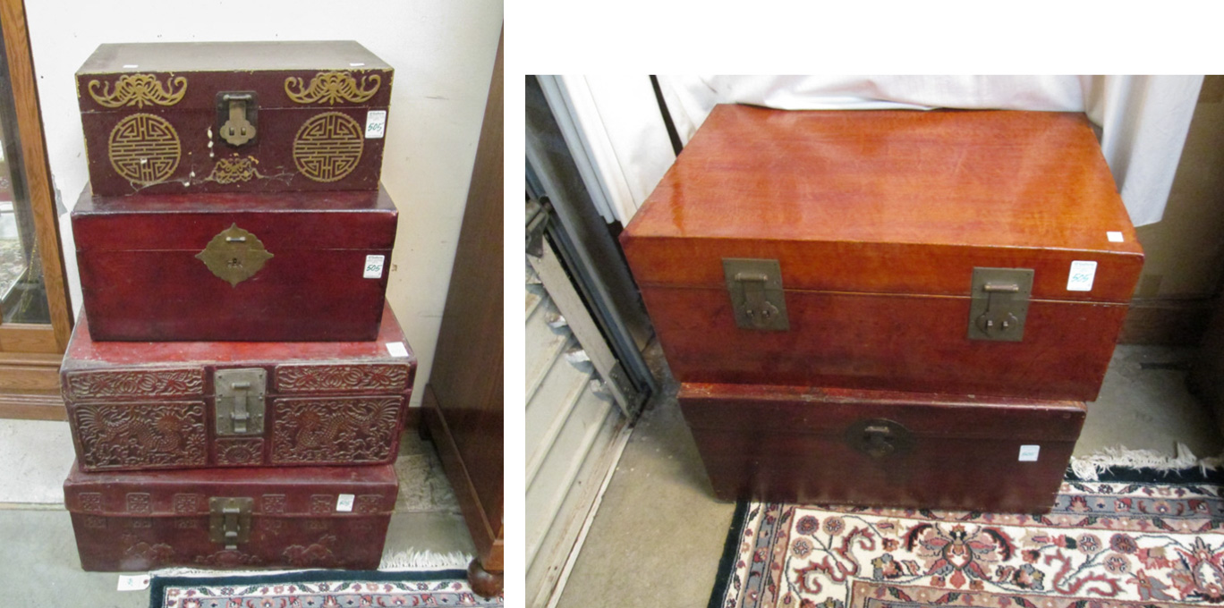 Appraisal: SIX CHINESE TRAVEL TRUNKS each a lift-top trunk of dark