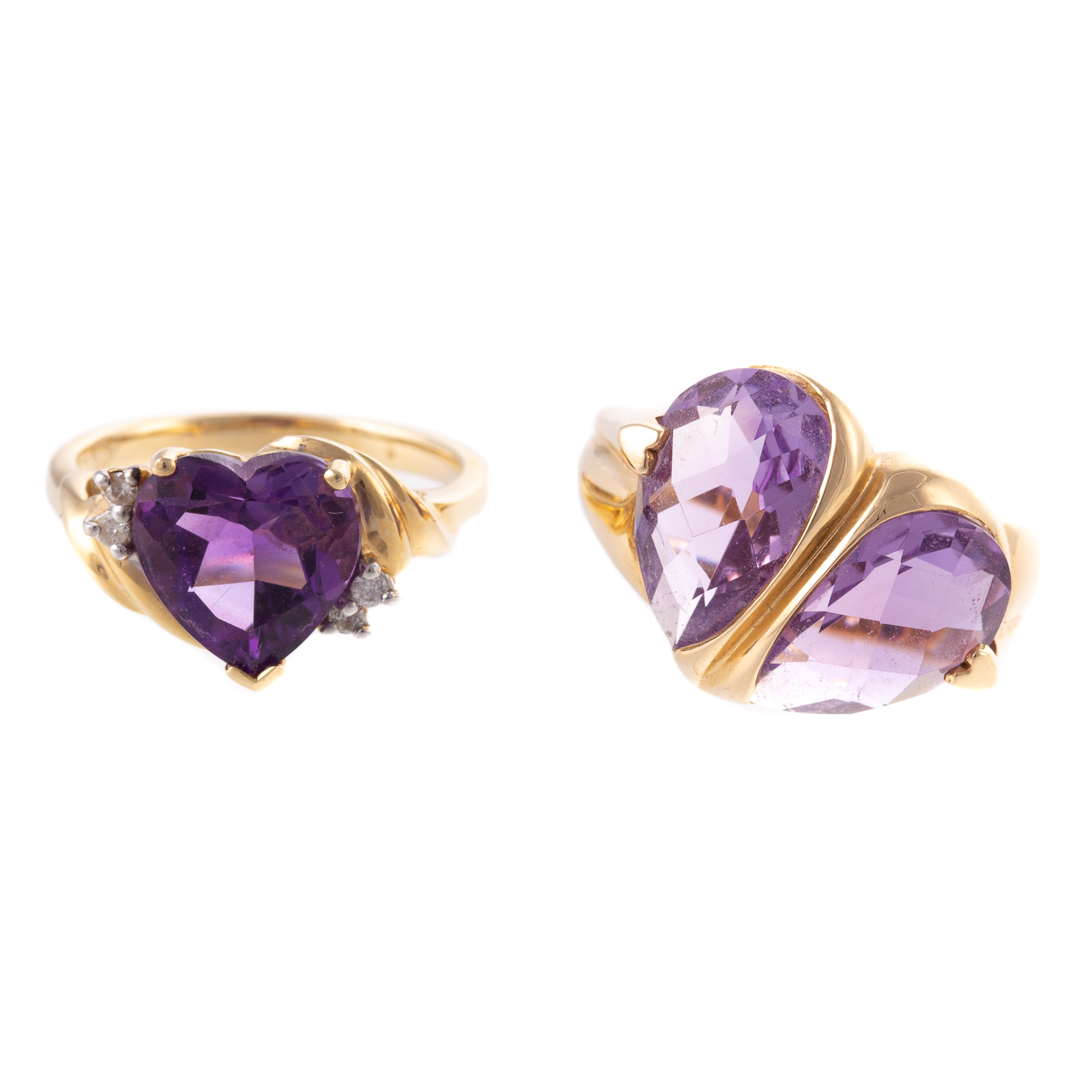 Appraisal: A PAIR OF AMETHYST HEART RINGS IN K K yellow