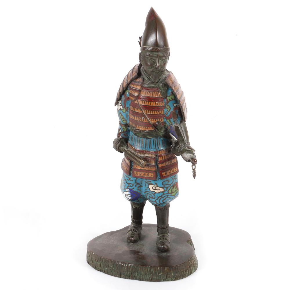 Appraisal: JAPANESE MEIJI CHAMPLEVE CLOISONNE ENAMELED BRONZE STATUE OF A SAMURAI