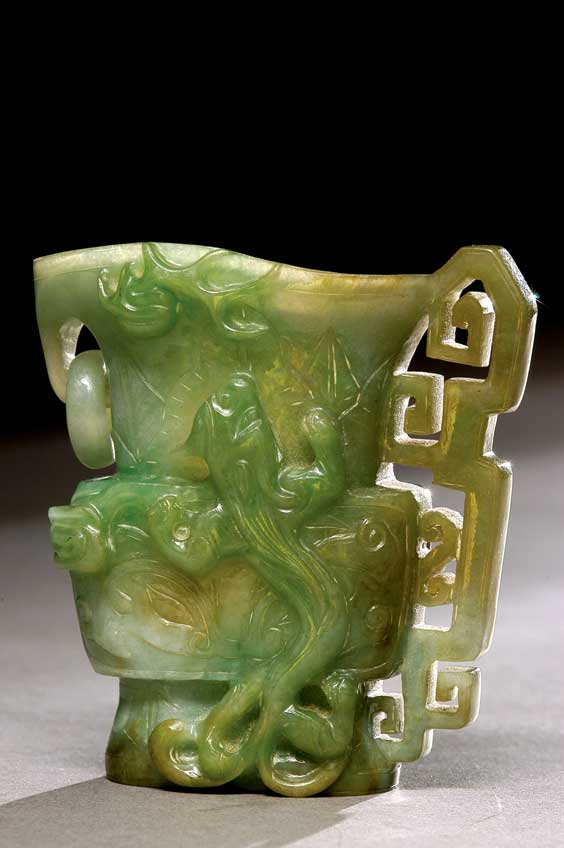 Appraisal: ANTIQUE JADEITE VESSEL Antique Chinese carved jadeite with apple-green suffusions