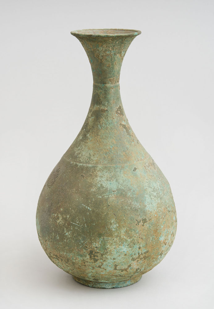 Appraisal: CHINESE ARCHAIC BRONZE TEARDROP VASE Han type verdigris patina in