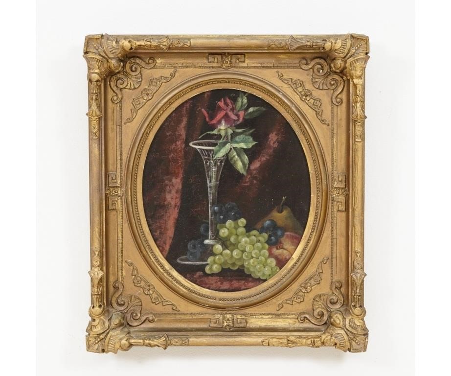 Appraisal: Oil on board still life of fruit with glass unsigned